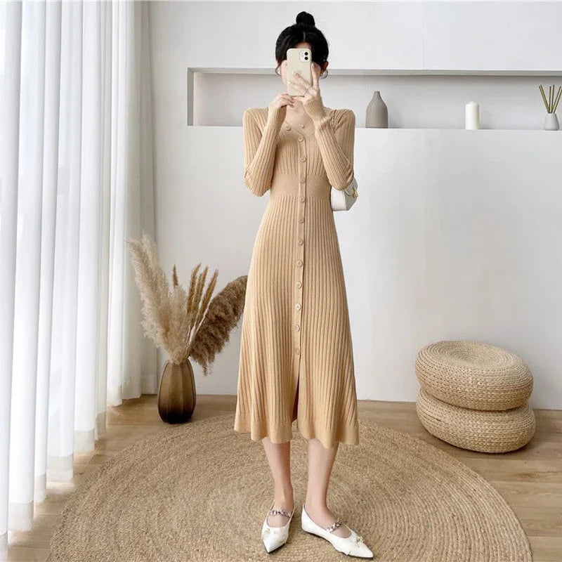Lucyever Elegant Knitted Long Dress for Women Korean Chic Buttons Slim Fit Midi Dresses Female Streetwear V Neck Party Vestidos