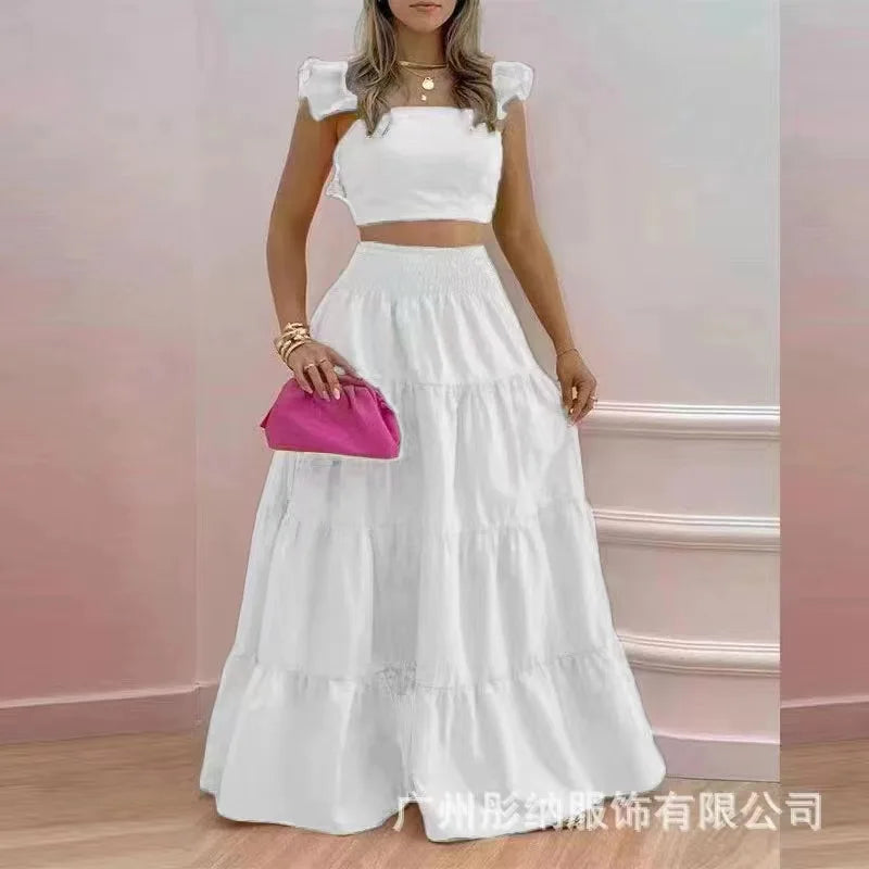 Skirt Y2k Two Piece Set Womans Clothing New 2024 Spring/Summer Elegant Sexy Collage Sleeveless Top and Longuette Suits Female