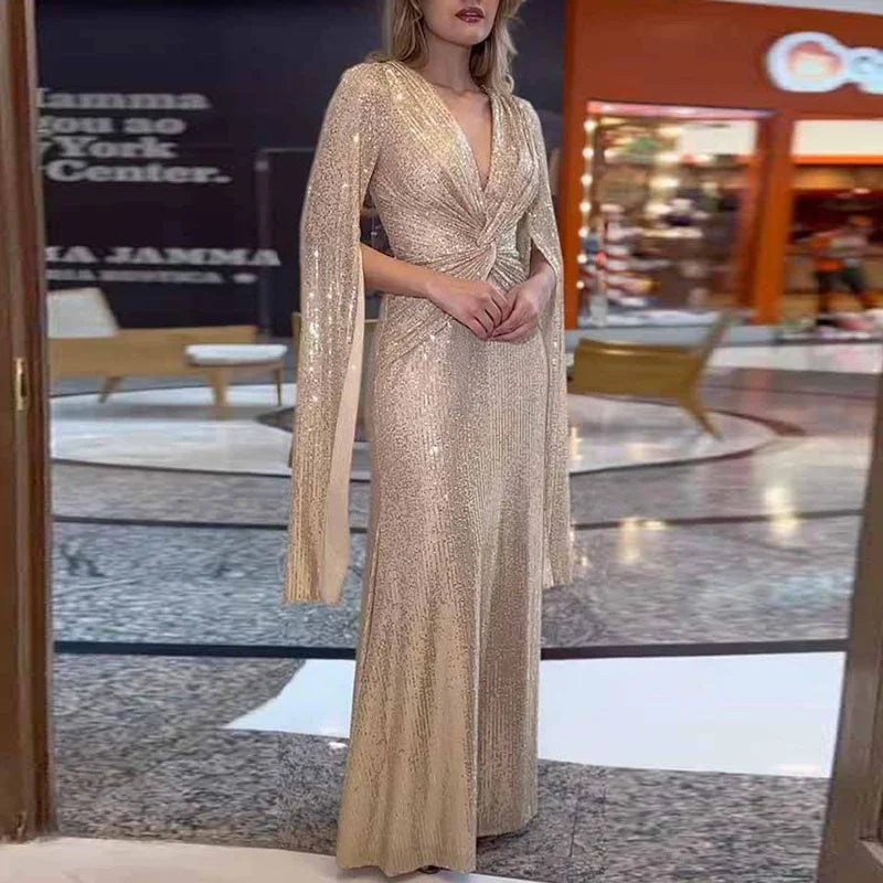 Chic Party Club Lady Sequins Slim Fit Dress Hollow Out Patchwork Long Sleeve Long Dress Women V Neck Zipper High Waist Dresses