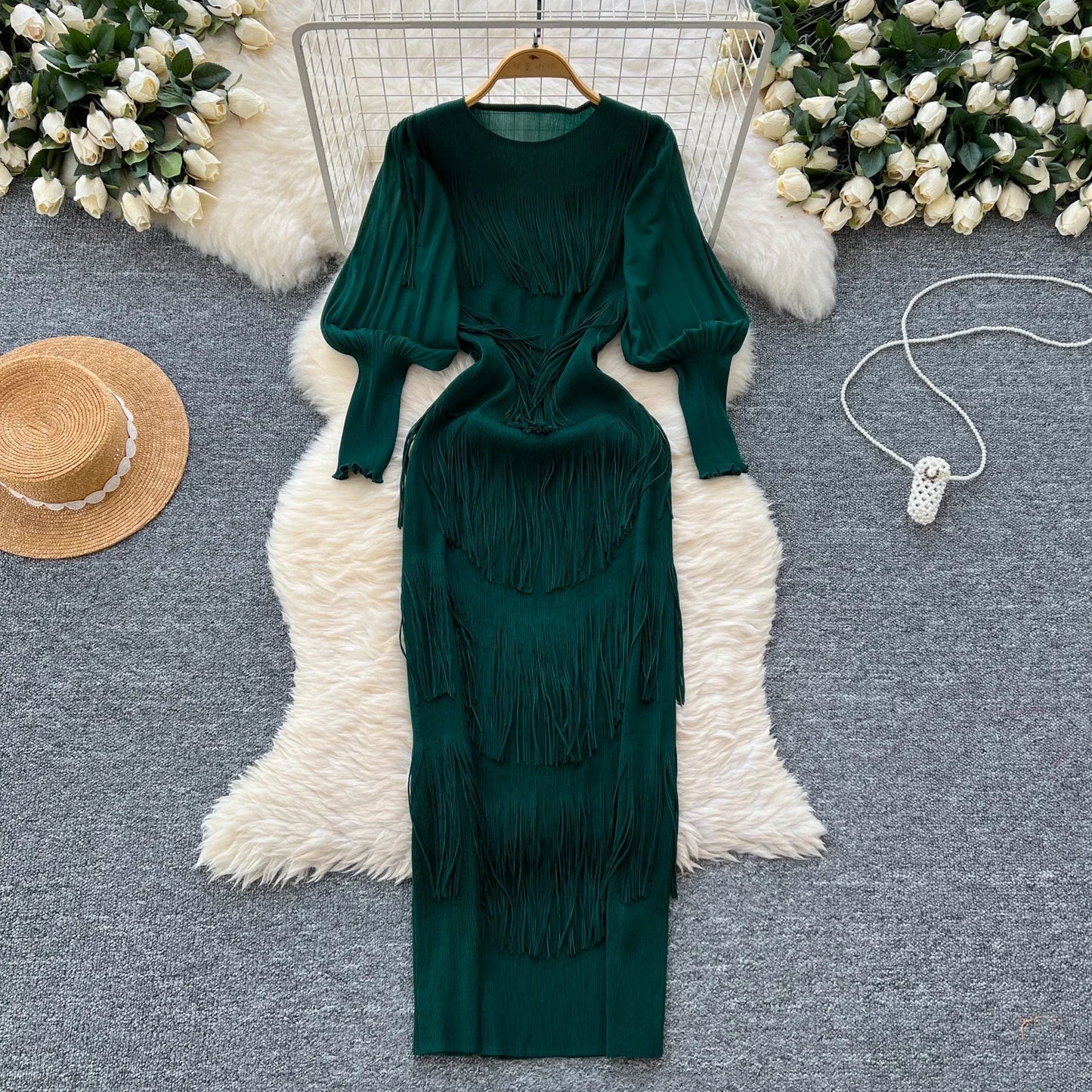 Vintage O-Neck Elegant Long Lantern Sleeve Chic Tassel Slim Long Dress French Fashion Evening High Street Autumn Winter Clothing
