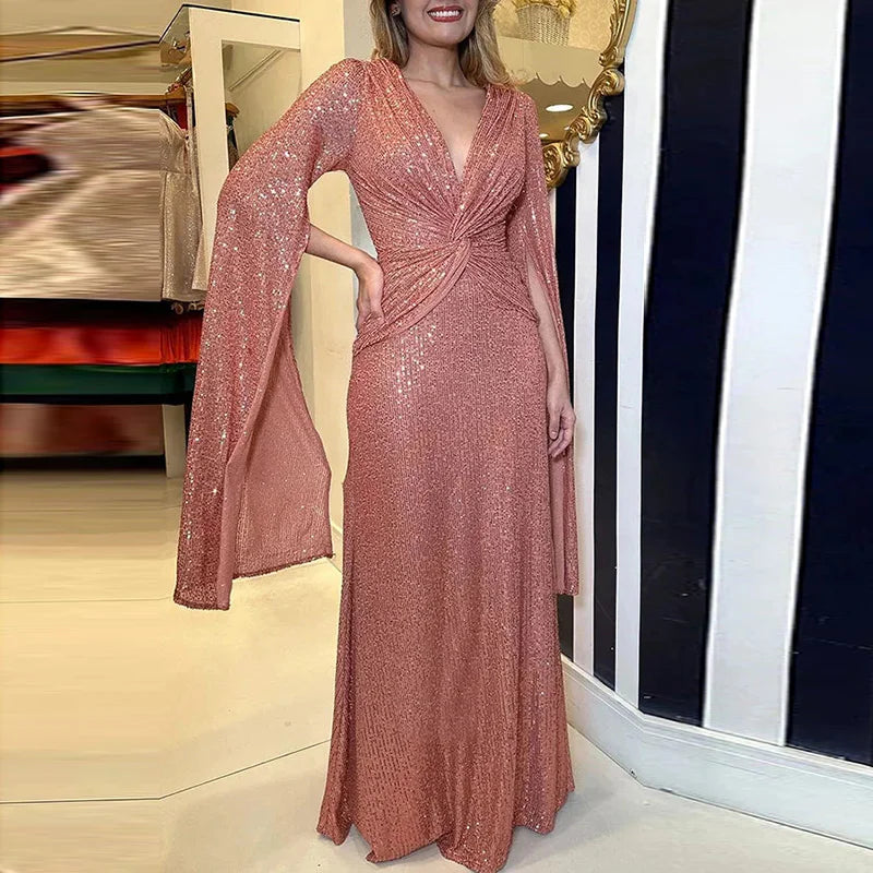 Chic Party Club Lady Sequins Slim Fit Dress Hollow Out Patchwork Long Sleeve Long Dress Women V Neck Zipper High Waist Dresses