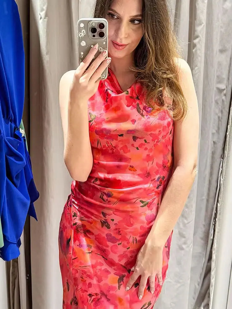 TRAFZA New Fashion Woman Vintage Sexy O-Neck Sleeveless Slit Hem Beach Party Dress Women Chic Print Ruffled Long Dress