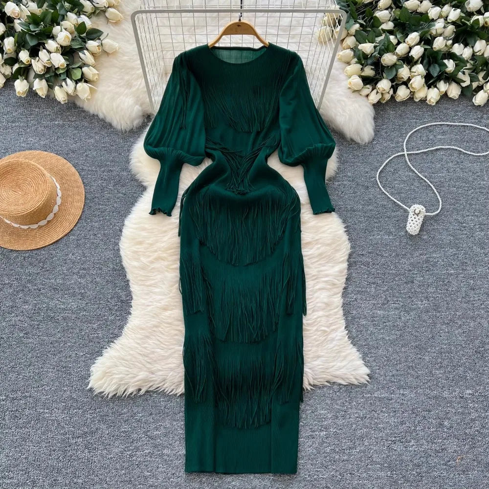 Vintage O-Neck Elegant Long Lantern Sleeve Chic Tassel Slim Long Dress French Fashion Evening High Street Autumn Winter Clothing