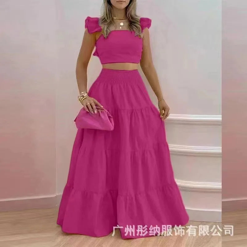 Skirt Y2k Two Piece Set Womans Clothing New 2024 Spring/Summer Elegant Sexy Collage Sleeveless Top and Longuette Suits Female