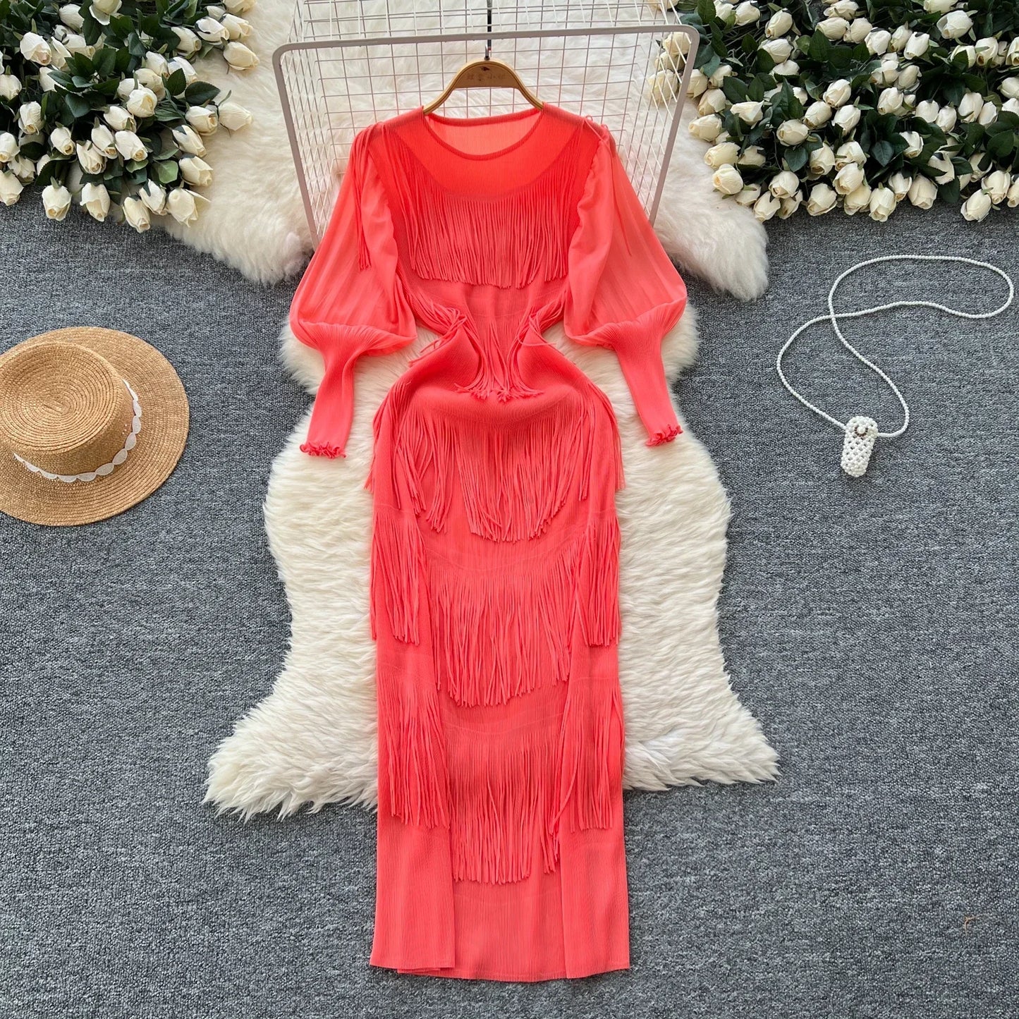 Vintage O-Neck Elegant Long Lantern Sleeve Chic Tassel Slim Long Dress French Fashion Evening High Street Autumn Winter Clothing