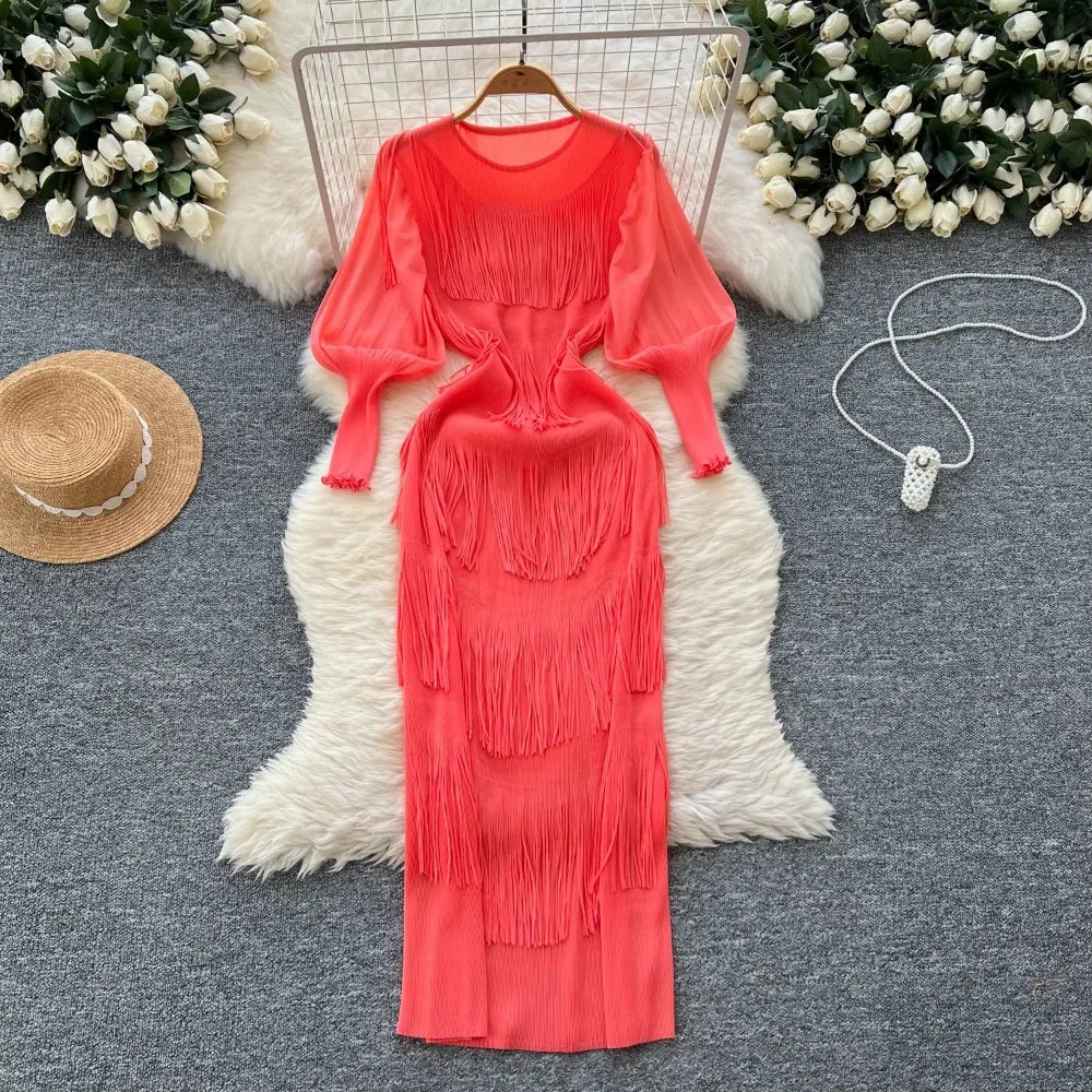 Vintage O-Neck Elegant Long Lantern Sleeve Chic Tassel Slim Long Dress French Fashion Evening High Street Autumn Winter Clothing