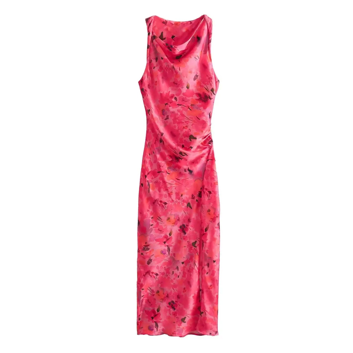 TRAFZA New Fashion Woman Vintage Sexy O-Neck Sleeveless Slit Hem Beach Party Dress Women Chic Print Ruffled Long Dress
