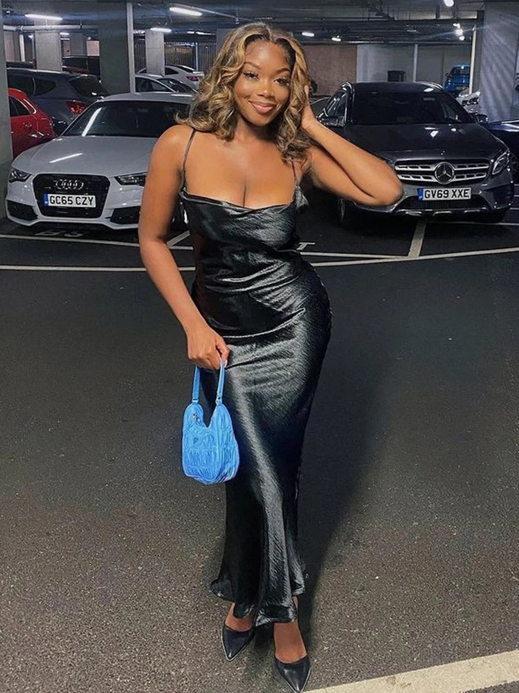 Sibybo Sexy Spaghetti Strap Backless Satin Dress Women Y2K Blue Lace Up Trumpet Long Dress Elegant Bodycon Party Dresses 2022