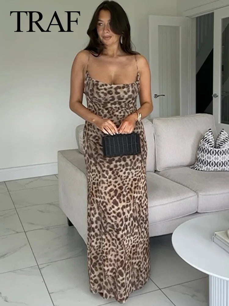 TRAFZA Women Summer Fashion Leopard Print Sleeveless Backless Suspender Dress Female 2024 Vintage Slim Beach Party Long Dress