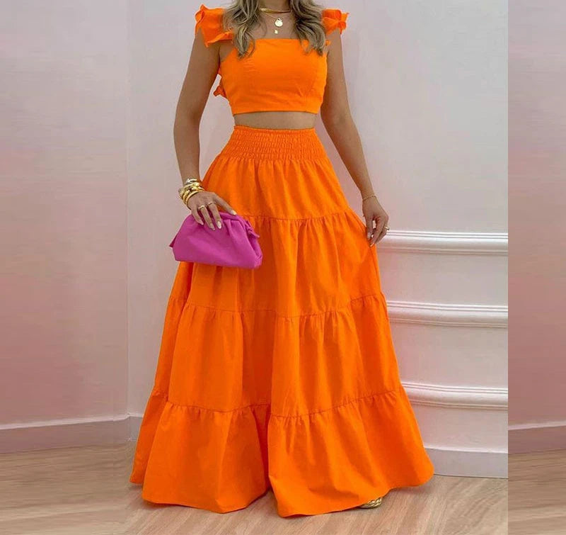 Skirt Y2k Two Piece Set Womans Clothing New 2024 Spring/Summer Elegant Sexy Collage Sleeveless Top and Longuette Suits Female