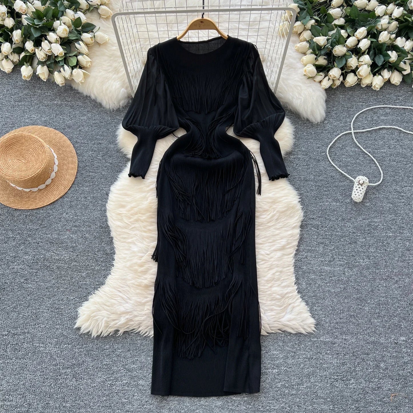Vintage O-Neck Elegant Long Lantern Sleeve Chic Tassel Slim Long Dress French Fashion Evening High Street Autumn Winter Clothing
