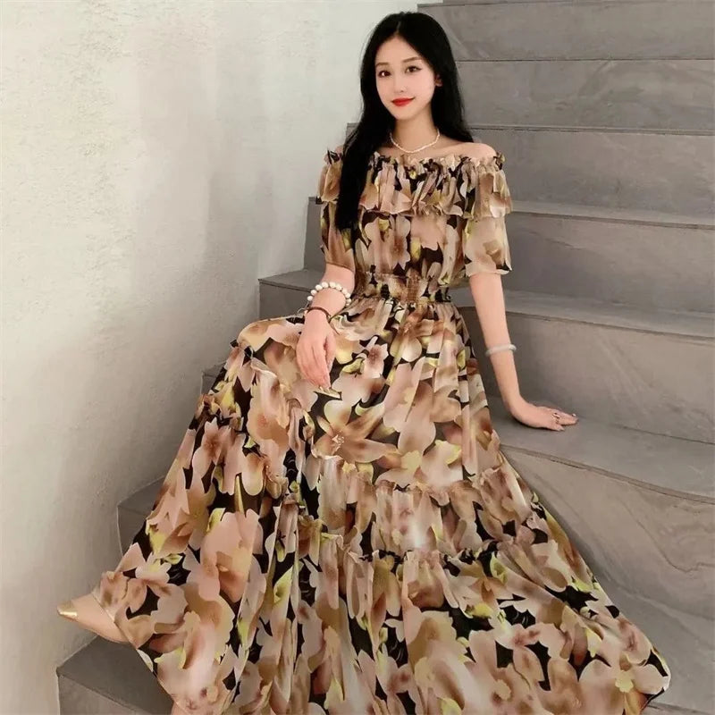 2024 New Summer Women Sexy Slash Neck Short Sleeve Slim Long Dress Fashion Patchwork Big Hem Sweet Ruffles Floral Dress