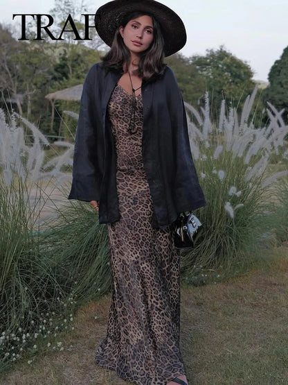 TRAFZA Women Summer Fashion Leopard Print Sleeveless Backless Suspender Dress Female 2024 Vintage Slim Beach Party Long Dress