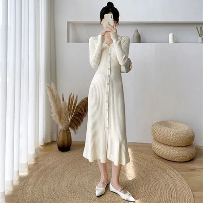 Lucyever Elegant Knitted Long Dress for Women Korean Chic Buttons Slim Fit Midi Dresses Female Streetwear V Neck Party Vestidos