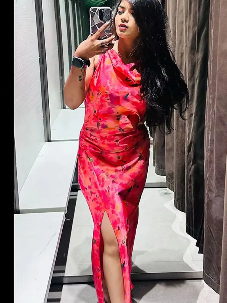 TRAFZA New Fashion Woman Vintage Sexy O-Neck Sleeveless Slit Hem Beach Party Dress Women Chic Print Ruffled Long Dress
