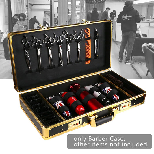 Barber Case Organizer, Aluminum Alloy and Fireproof Panel, Three Compartments for Scissors and Hair Tools,  with Golden Accents