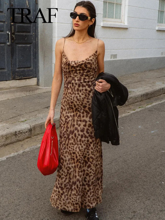 TRAFZA Women Summer Fashion Leopard Print Sleeveless Backless Suspender Dress Female 2024 Vintage Slim Beach Party Long Dress