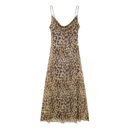 TRAFZA Women Summer Fashion Leopard Print Sleeveless Backless Suspender Dress Female 2024 Vintage Slim Beach Party Long Dress