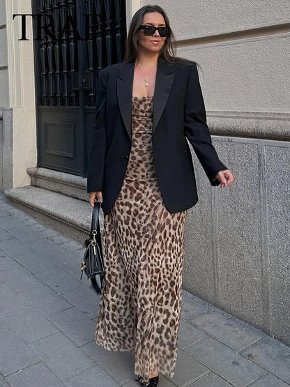 TRAFZA Women Summer Fashion Leopard Print Sleeveless Backless Suspender Dress Female 2024 Vintage Slim Beach Party Long Dress