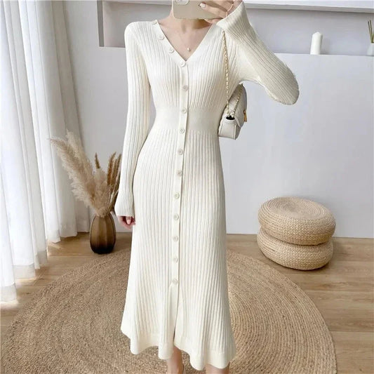 Lucyever Elegant Knitted Long Dress for Women Korean Chic Buttons Slim Fit Midi Dresses Female Streetwear V Neck Party Vestidos