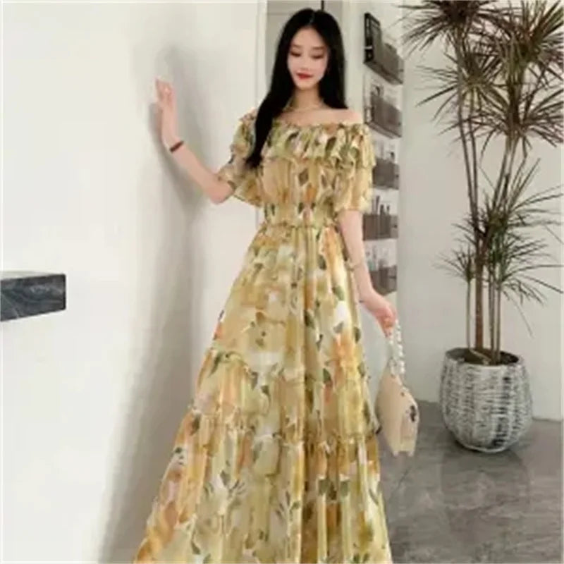 2024 New Summer Women Sexy Slash Neck Short Sleeve Slim Long Dress Fashion Patchwork Big Hem Sweet Ruffles Floral Dress