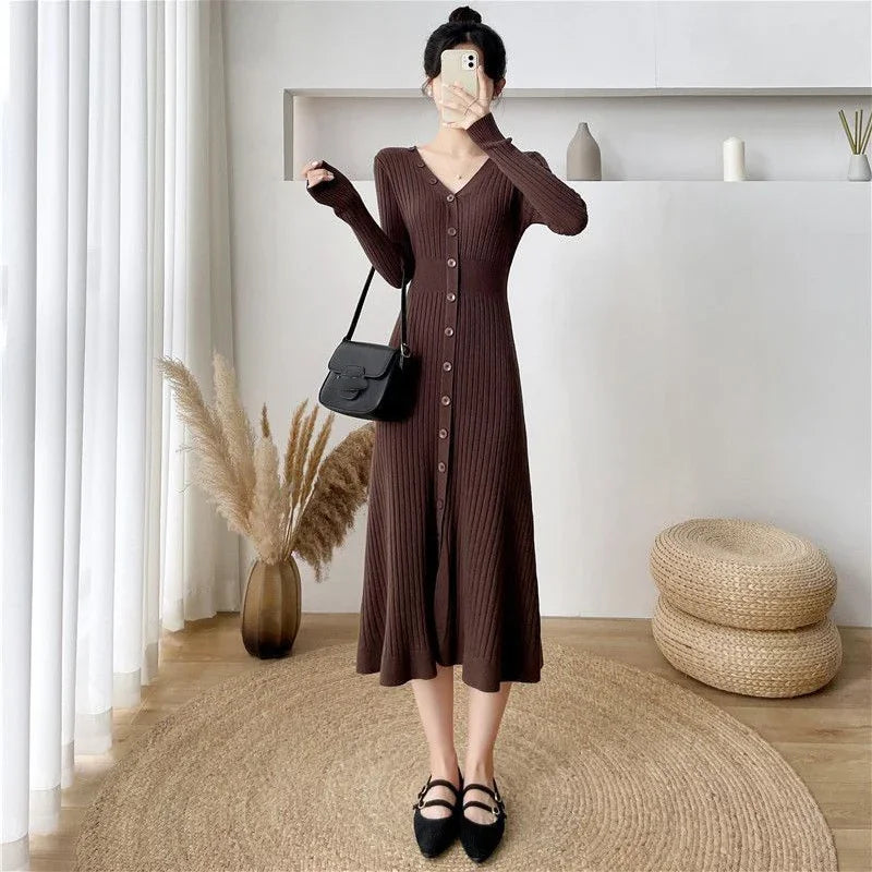 Lucyever Elegant Knitted Long Dress for Women Korean Chic Buttons Slim Fit Midi Dresses Female Streetwear V Neck Party Vestidos