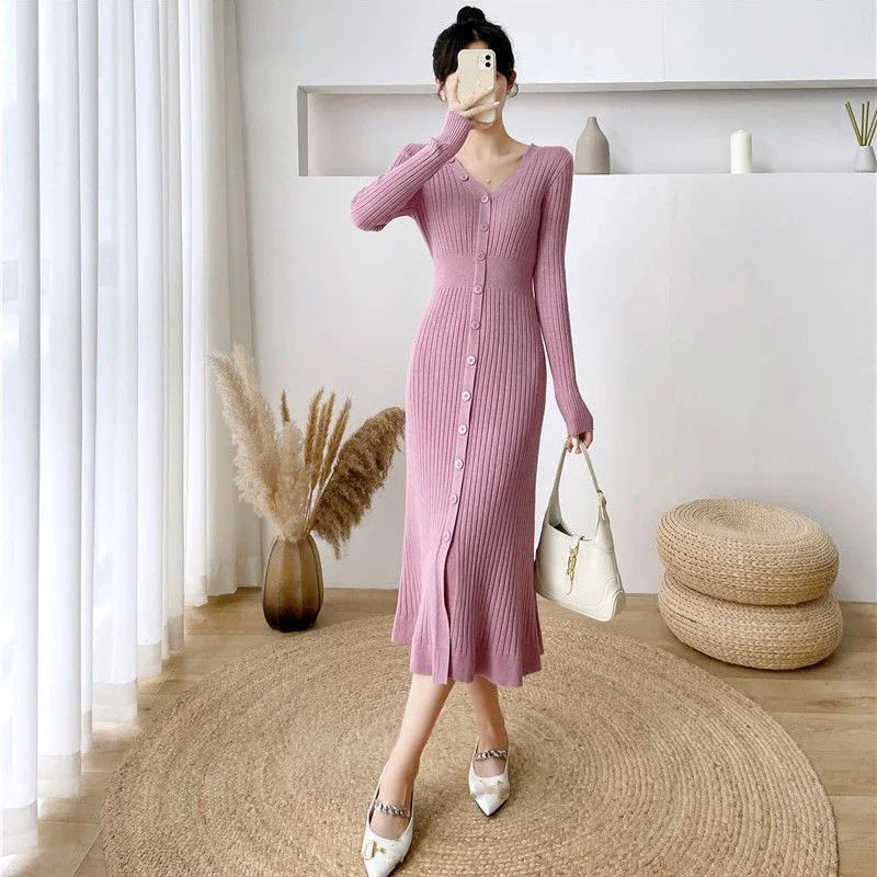 Lucyever Elegant Knitted Long Dress for Women Korean Chic Buttons Slim Fit Midi Dresses Female Streetwear V Neck Party Vestidos