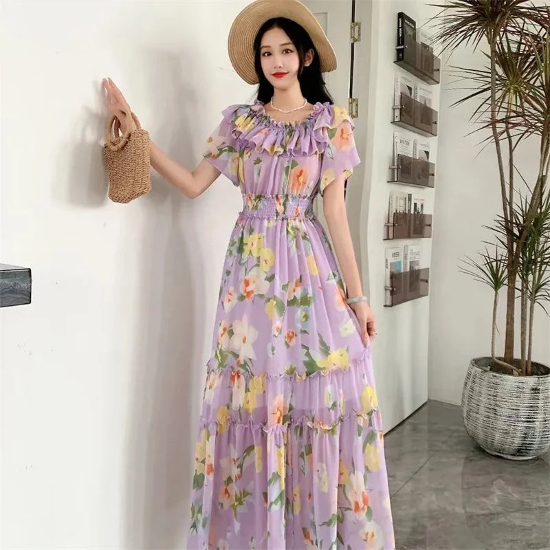2024 New Summer Women Sexy Slash Neck Short Sleeve Slim Long Dress Fashion Patchwork Big Hem Sweet Ruffles Floral Dress