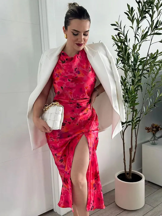 TRAFZA New Fashion Woman Vintage Sexy O-Neck Sleeveless Slit Hem Beach Party Dress Women Chic Print Ruffled Long Dress