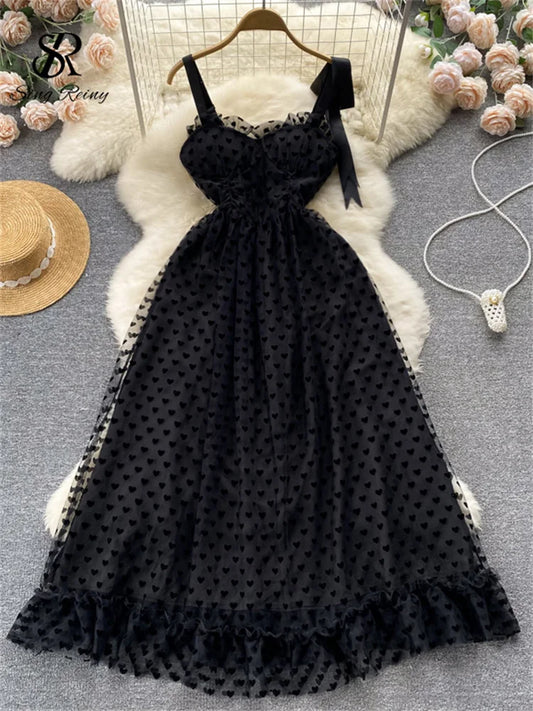 SINGREINY High Quality A Line Mesh Long Dress Spaghetti Strap Sleeveless Sheath Sundress 2023 Women Fashion Dot Print Maxi Dress