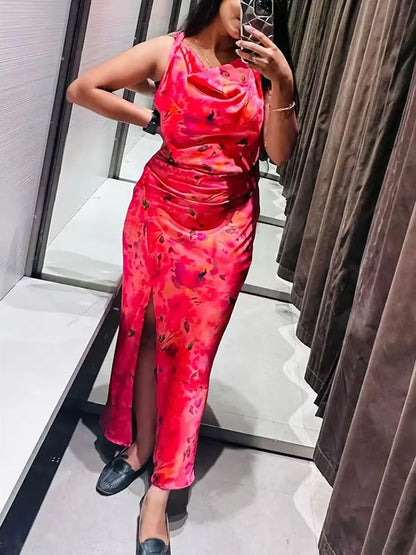 TRAFZA New Fashion Woman Vintage Sexy O-Neck Sleeveless Slit Hem Beach Party Dress Women Chic Print Ruffled Long Dress
