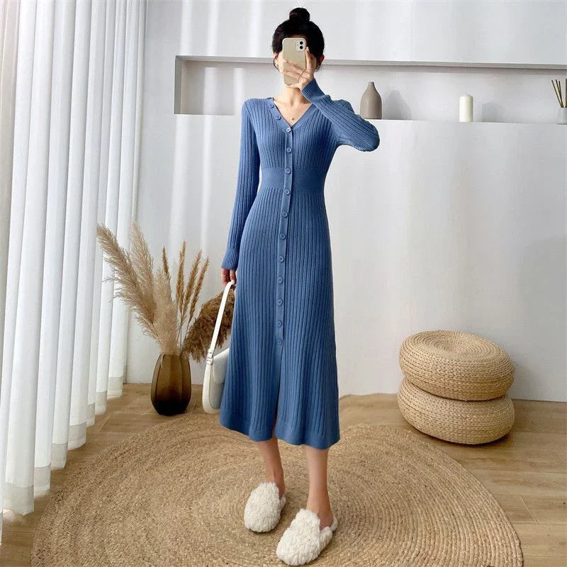 Lucyever Elegant Knitted Long Dress for Women Korean Chic Buttons Slim Fit Midi Dresses Female Streetwear V Neck Party Vestidos
