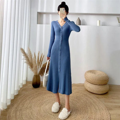 Lucyever Elegant Knitted Long Dress for Women Korean Chic Buttons Slim Fit Midi Dresses Female Streetwear V Neck Party Vestidos
