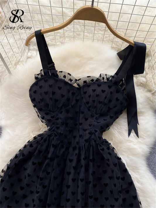 SINGREINY High Quality A Line Mesh Long Dress Spaghetti Strap Sleeveless Sheath Sundress 2023 Women Fashion Dot Print Maxi Dress