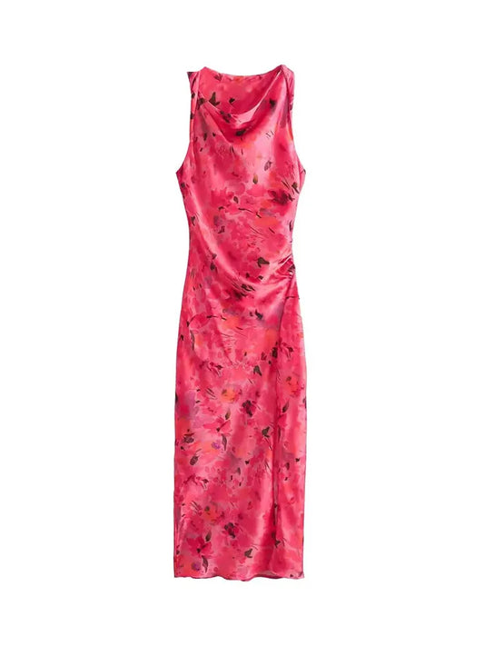 TRAFZA New Fashion Woman Vintage Sexy O-Neck Sleeveless Slit Hem Beach Party Dress Women Chic Print Ruffled Long Dress