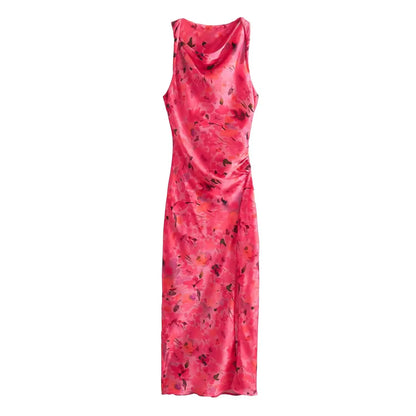 TRAFZA New Fashion Woman Vintage Sexy O-Neck Sleeveless Slit Hem Beach Party Dress Women Chic Print Ruffled Long Dress