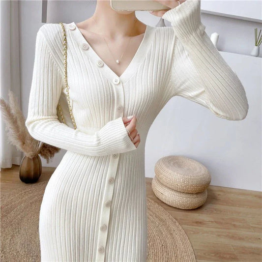 Lucyever Elegant Knitted Long Dress for Women Korean Chic Buttons Slim Fit Midi Dresses Female Streetwear V Neck Party Vestidos