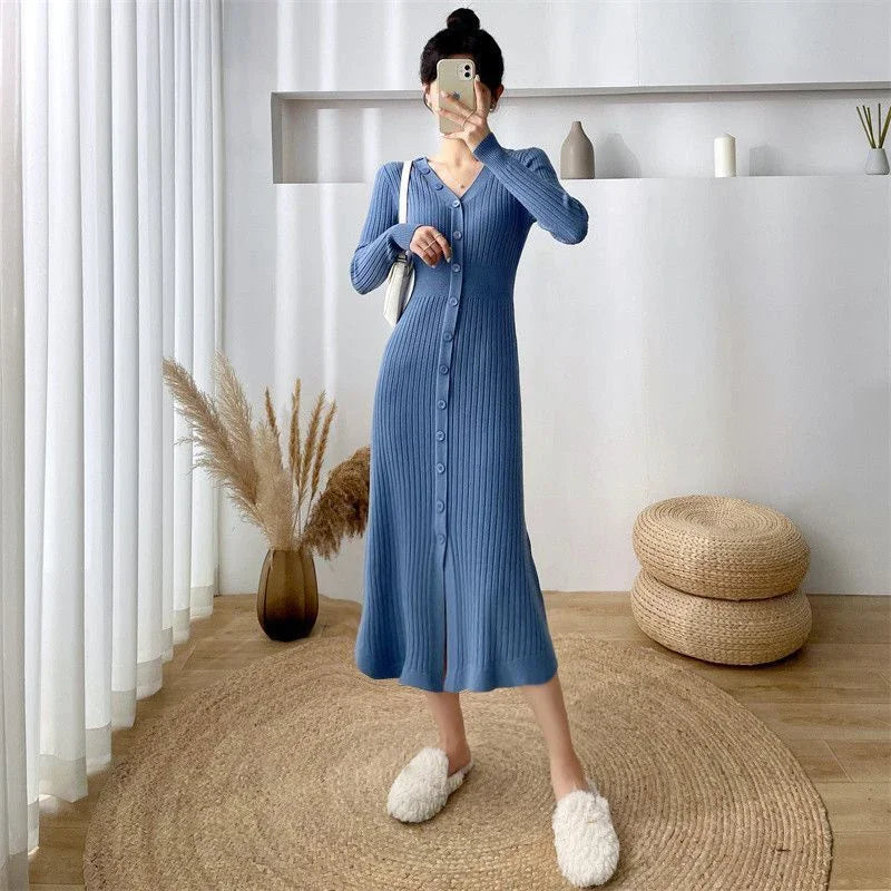 Lucyever Elegant Knitted Long Dress for Women Korean Chic Buttons Slim Fit Midi Dresses Female Streetwear V Neck Party Vestidos