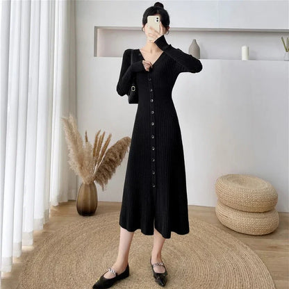 Lucyever Elegant Knitted Long Dress for Women Korean Chic Buttons Slim Fit Midi Dresses Female Streetwear V Neck Party Vestidos