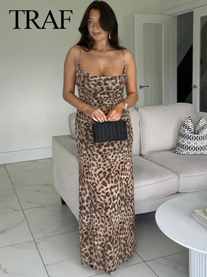 TRAFZA Women Summer Fashion Leopard Print Sleeveless Backless Suspender Dress Female 2024 Vintage Slim Beach Party Long Dress