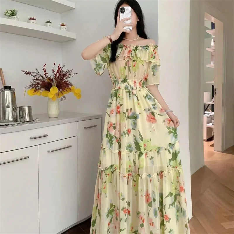 2024 New Summer Women Sexy Slash Neck Short Sleeve Slim Long Dress Fashion Patchwork Big Hem Sweet Ruffles Floral Dress