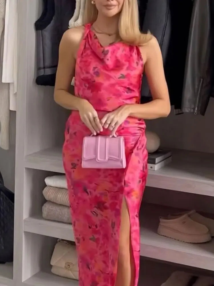 TRAFZA New Fashion Woman Vintage Sexy O-Neck Sleeveless Slit Hem Beach Party Dress Women Chic Print Ruffled Long Dress
