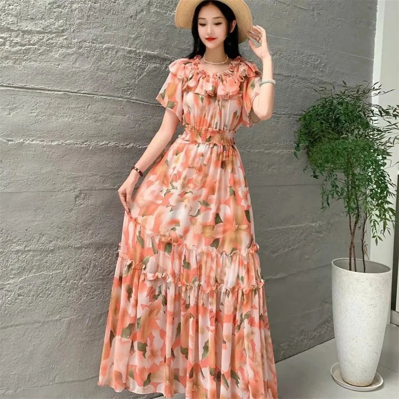 2024 New Summer Women Sexy Slash Neck Short Sleeve Slim Long Dress Fashion Patchwork Big Hem Sweet Ruffles Floral Dress